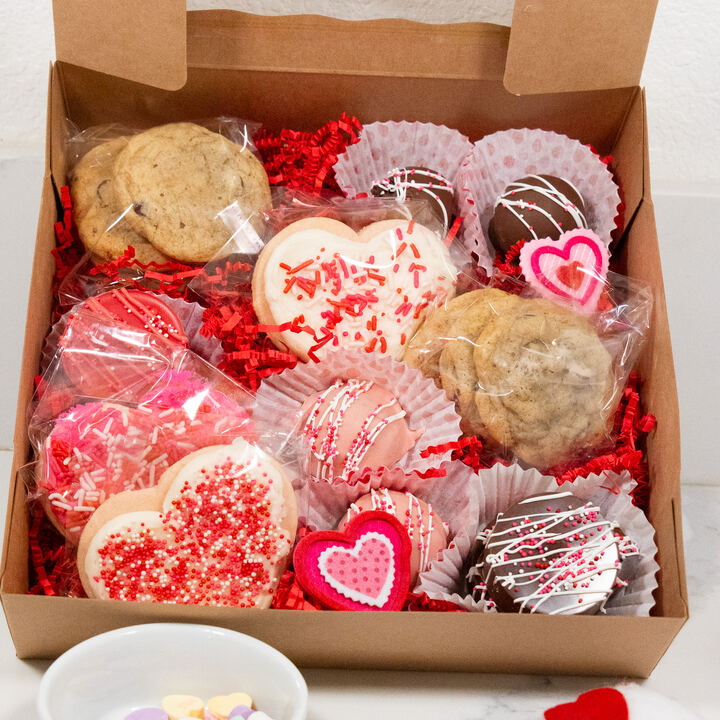 Valentine treat box of heart sugar cookies, chocolate-dipped cookies and chocolate chip cookies
